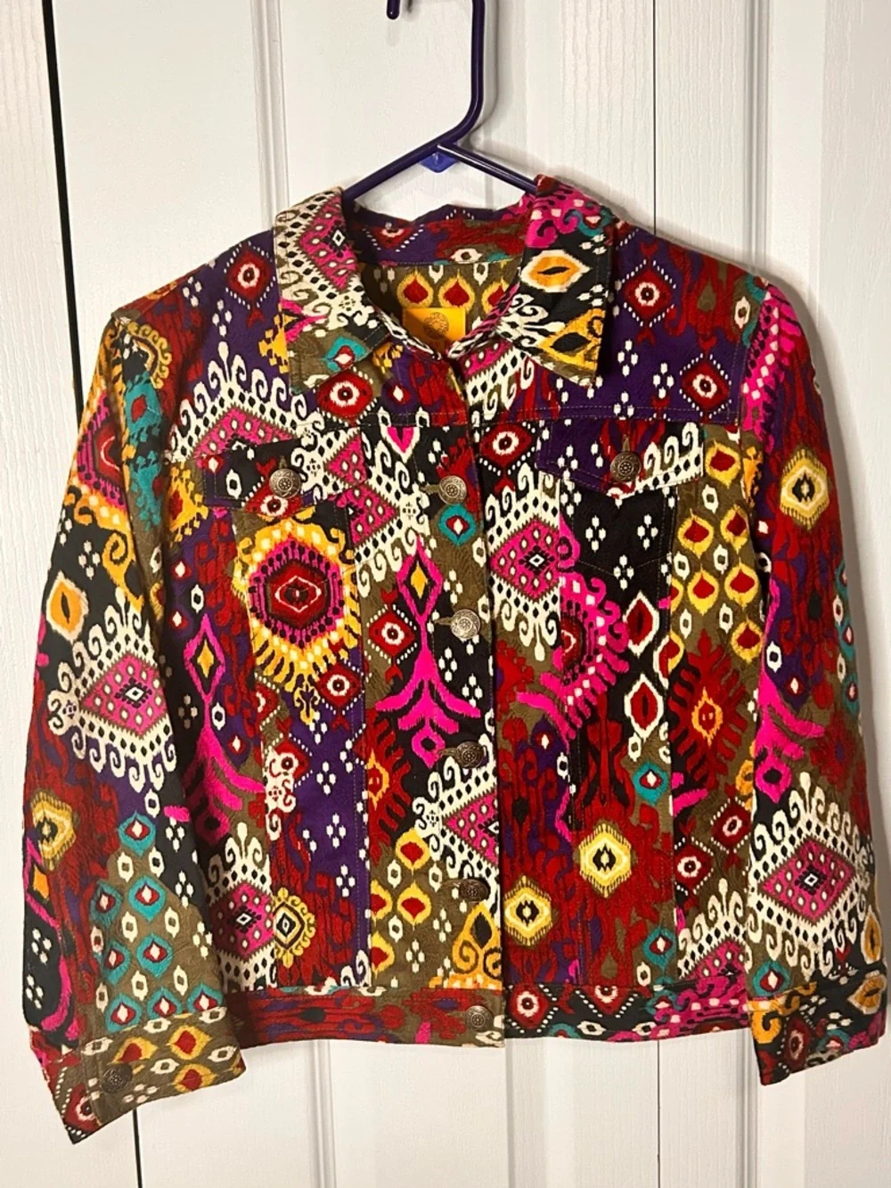 Ruby Rd Jacket Womens 10P Multi-Color Canvas‎ Button-Up Collared Boho Abstract